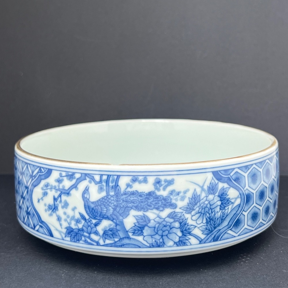 Vintage Style Porcelain Bowl Blue White Peacock Floral Chinoiserie 6.5 Inch